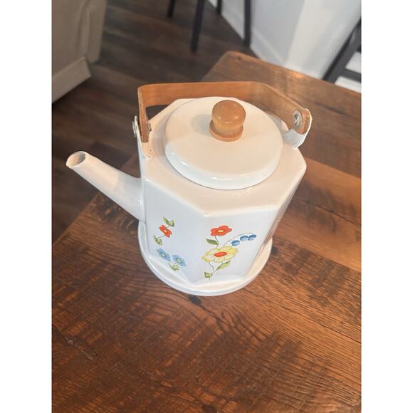 Vintage Tea Kettle Kamenstein White Enamel Bohemian Floral Tea Pot Japan Retro - Picture 8 of 11